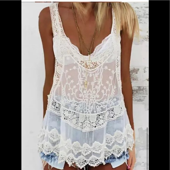 🎉New Boho White Lace Racerback Tank Top - Picture 5 of 9
